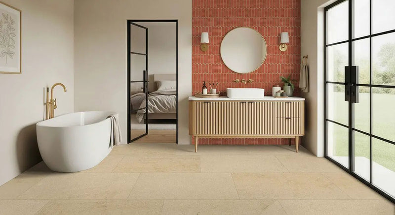 Chateau Luna Sable Lappato Limestone Look Porcelain Tiles 24x48 in a finished room