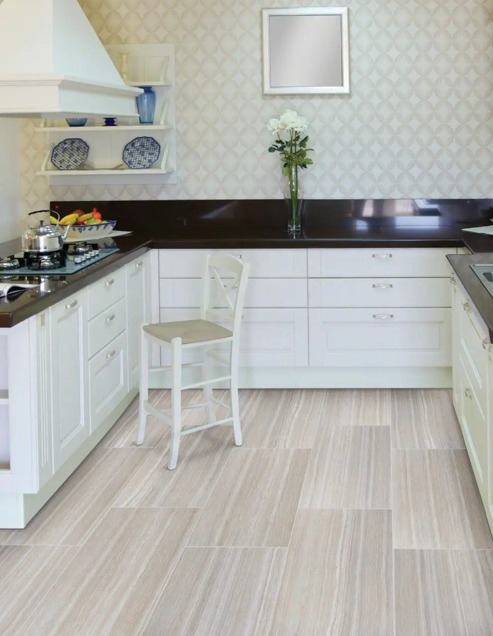 Essentials Charisma Silver Matte Bullnose Limestone Look Ceramic Moldings 3x18 in a finished room