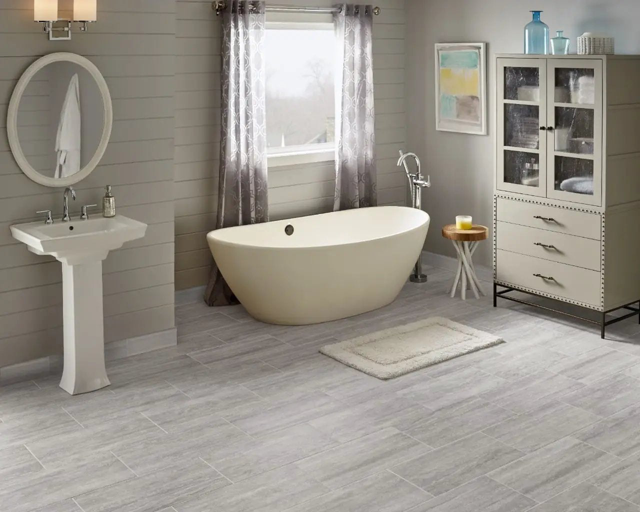 Essentials Charisma White Matte Limestone Look Ceramic Tiles 12x24 in a finished room