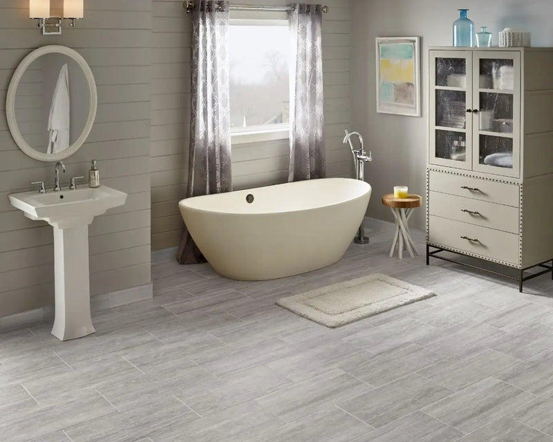 Essentials Charisma White Matte Limestone Look Ceramic Tiles 12x24 in a finished room