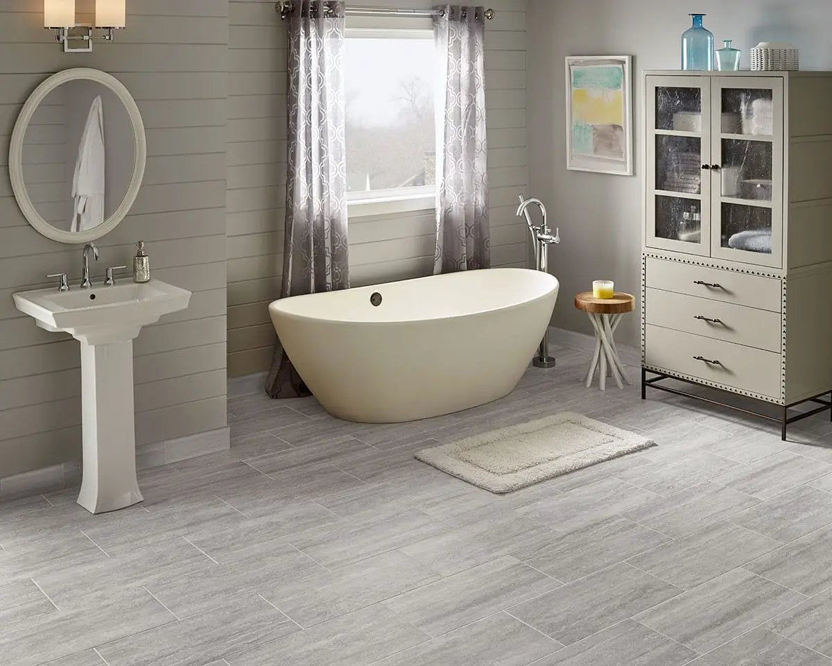Essentials Charisma White Matte Limestone Look Ceramic Tiles 12x24 in a finished room
