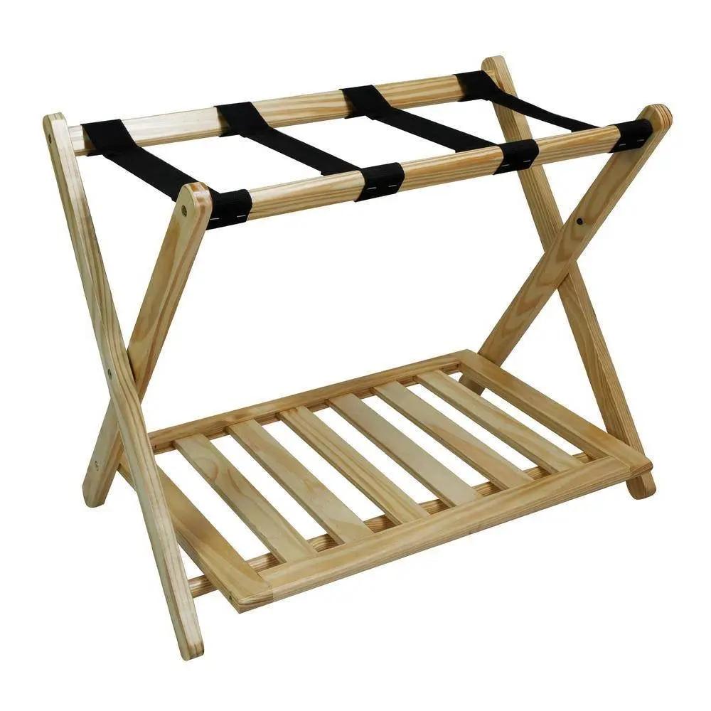 Solid Wood Luggage Rack with Bottom Storage Shelf in Natural with Black Straps by HomePacific