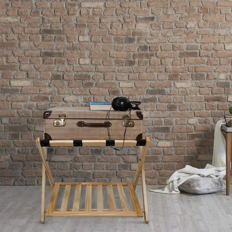 Solid Wood Luggage Rack with Bottom Storage Shelf in Natural with Black Straps by HomePacific