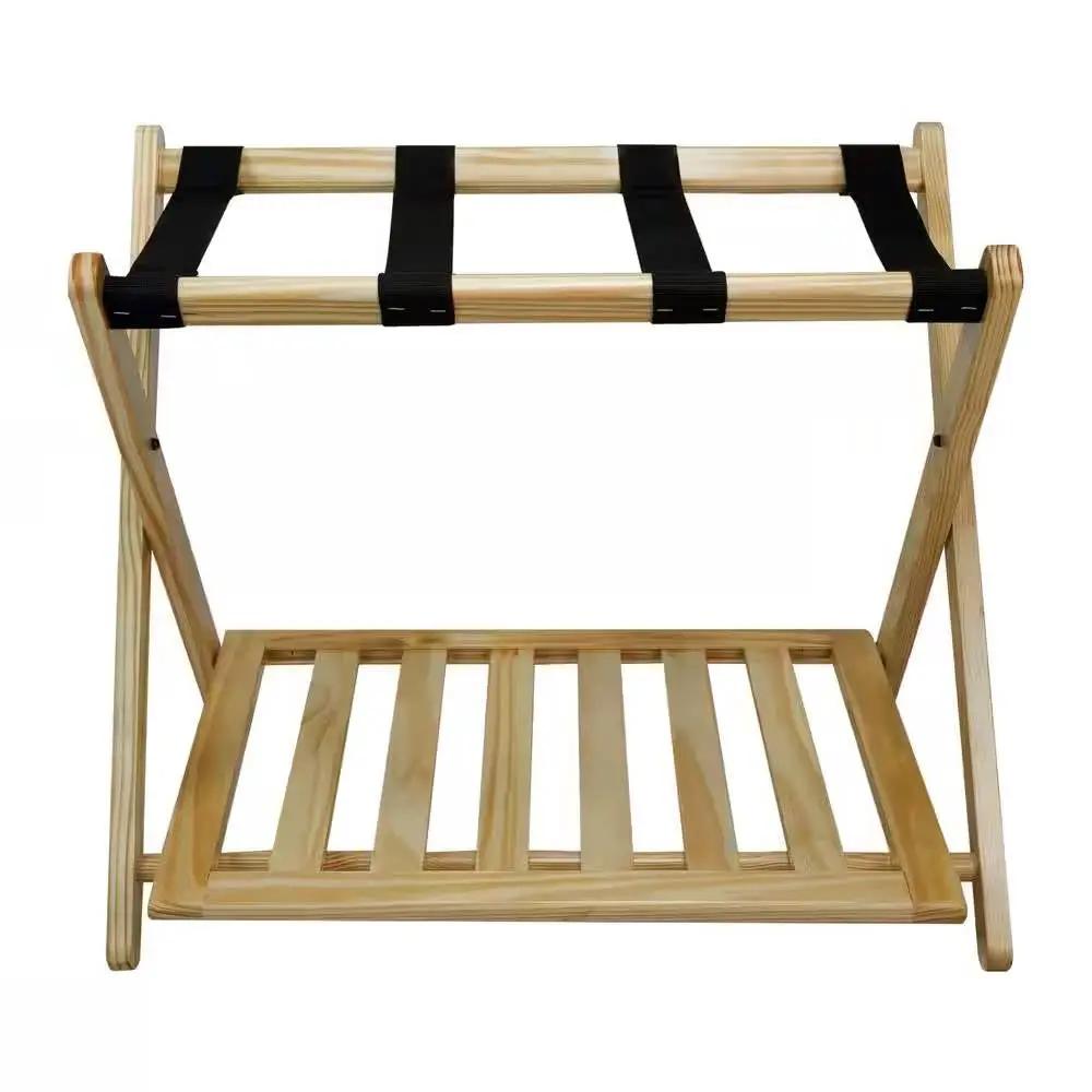 Solid Wood Luggage Rack with Bottom Storage Shelf in Natural with Black Straps by HomePacific
