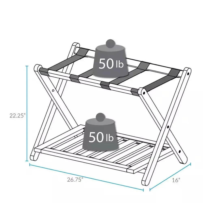 Solid Wood Luggage Rack with Bottom Storage Shelf in Natural with Black Straps by HomePacific