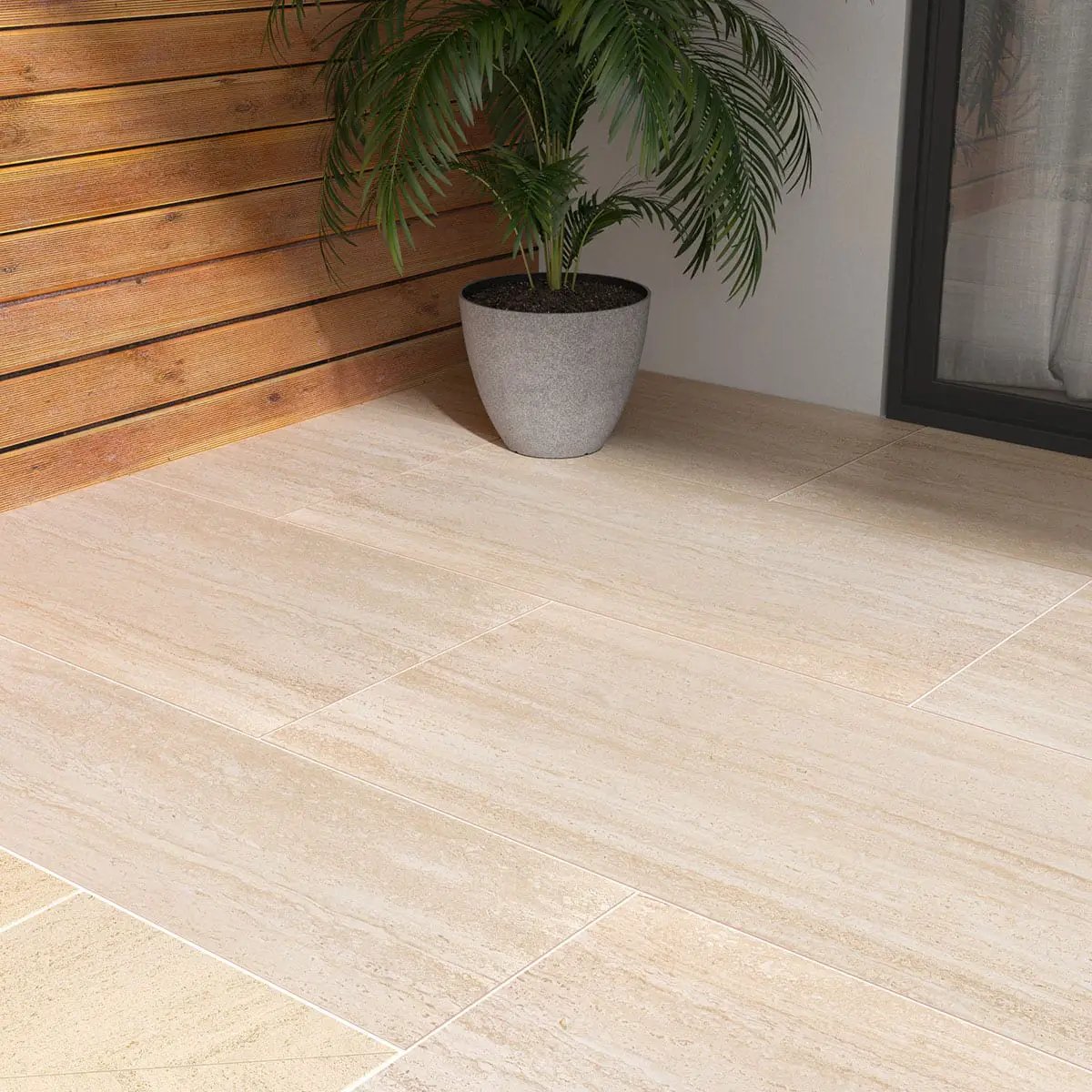 Cordova Avorio Matte Travertine Look Porcelain Tiles 24x48 in a finished room