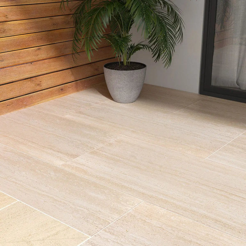 Cordova Avorio Matte Travertine Look Porcelain Tiles 24x48 in a finished room