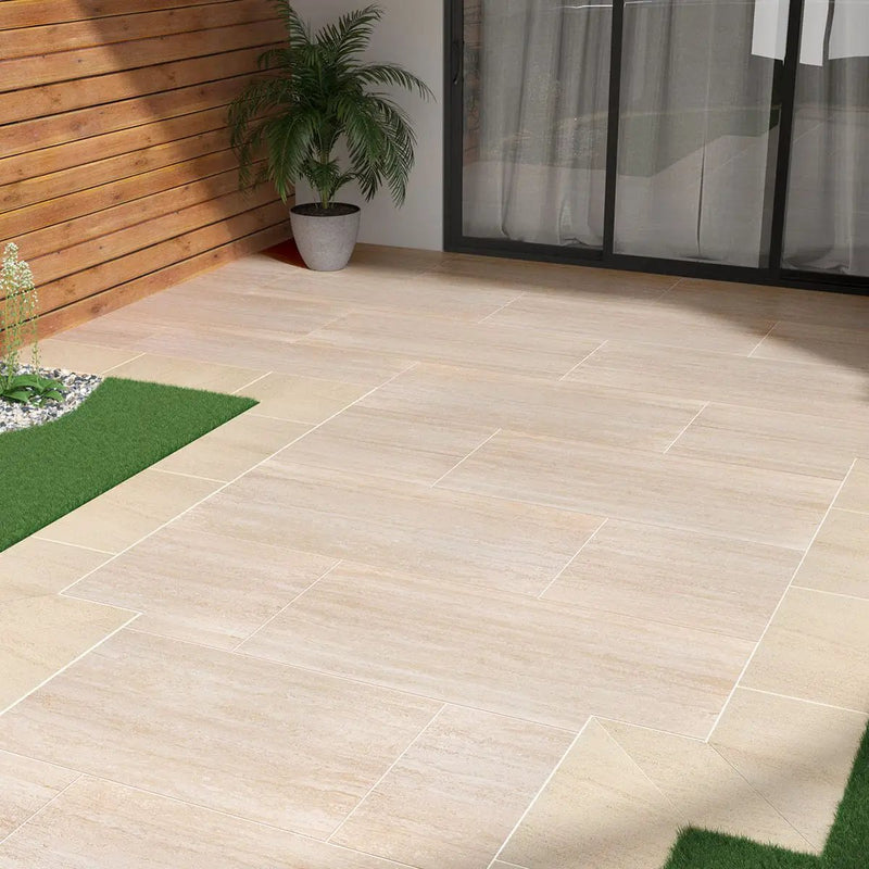 Cordova Avorio Matte Travertine Look Porcelain Pavers 24x48 in a finished room