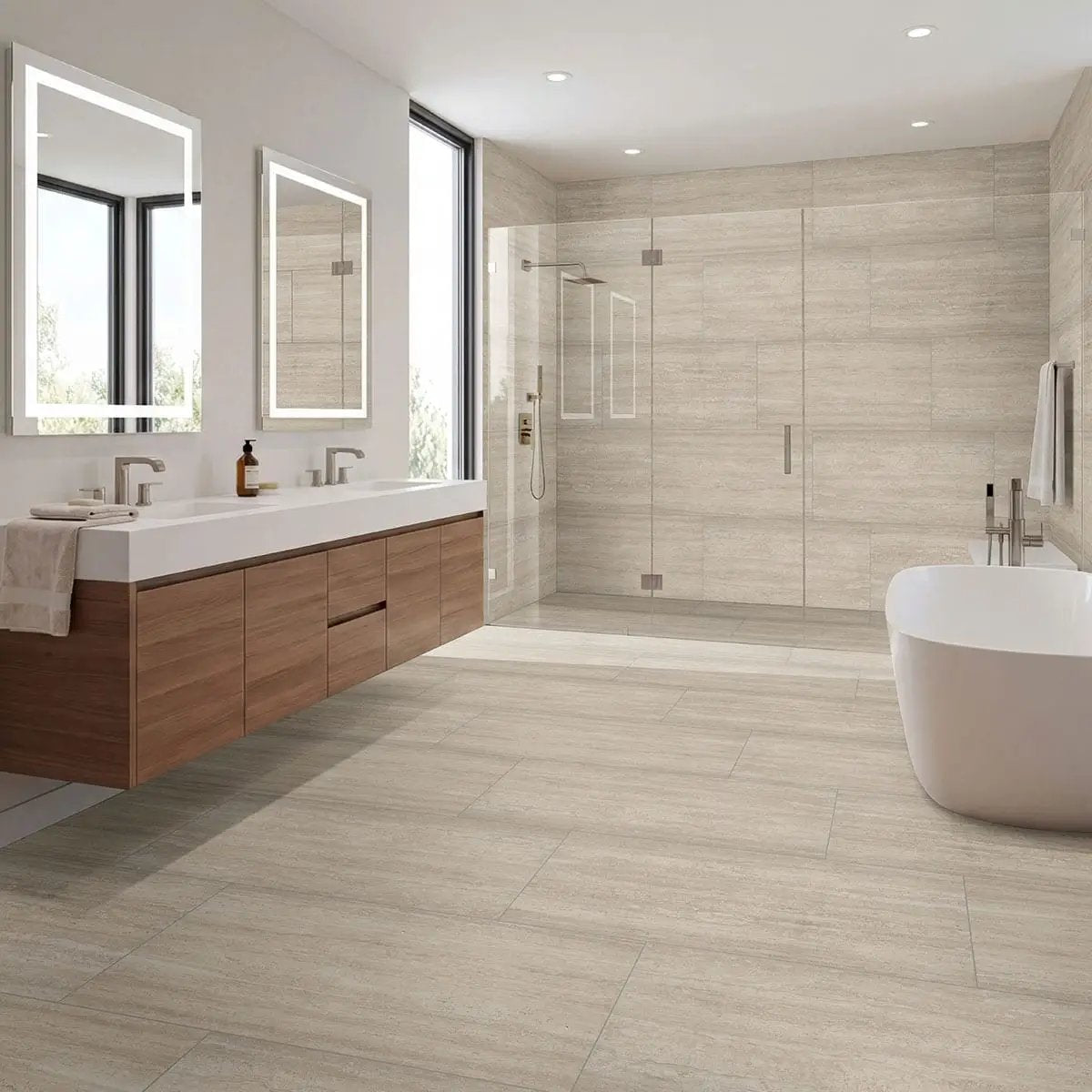 Cordova Avorio R11 Matte Travertine Look Porcelain Tiles 24x48 in a finished room