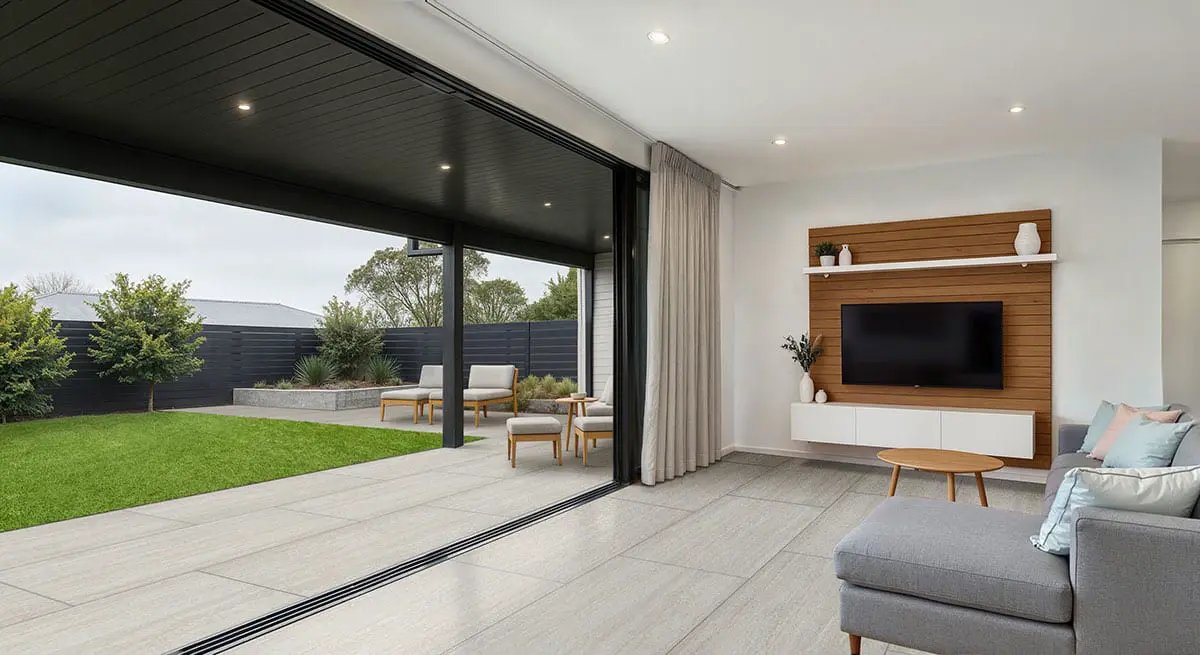 Cordova Lablanca Matte Travertine Look Porcelain Pavers 24x48 in a finished room