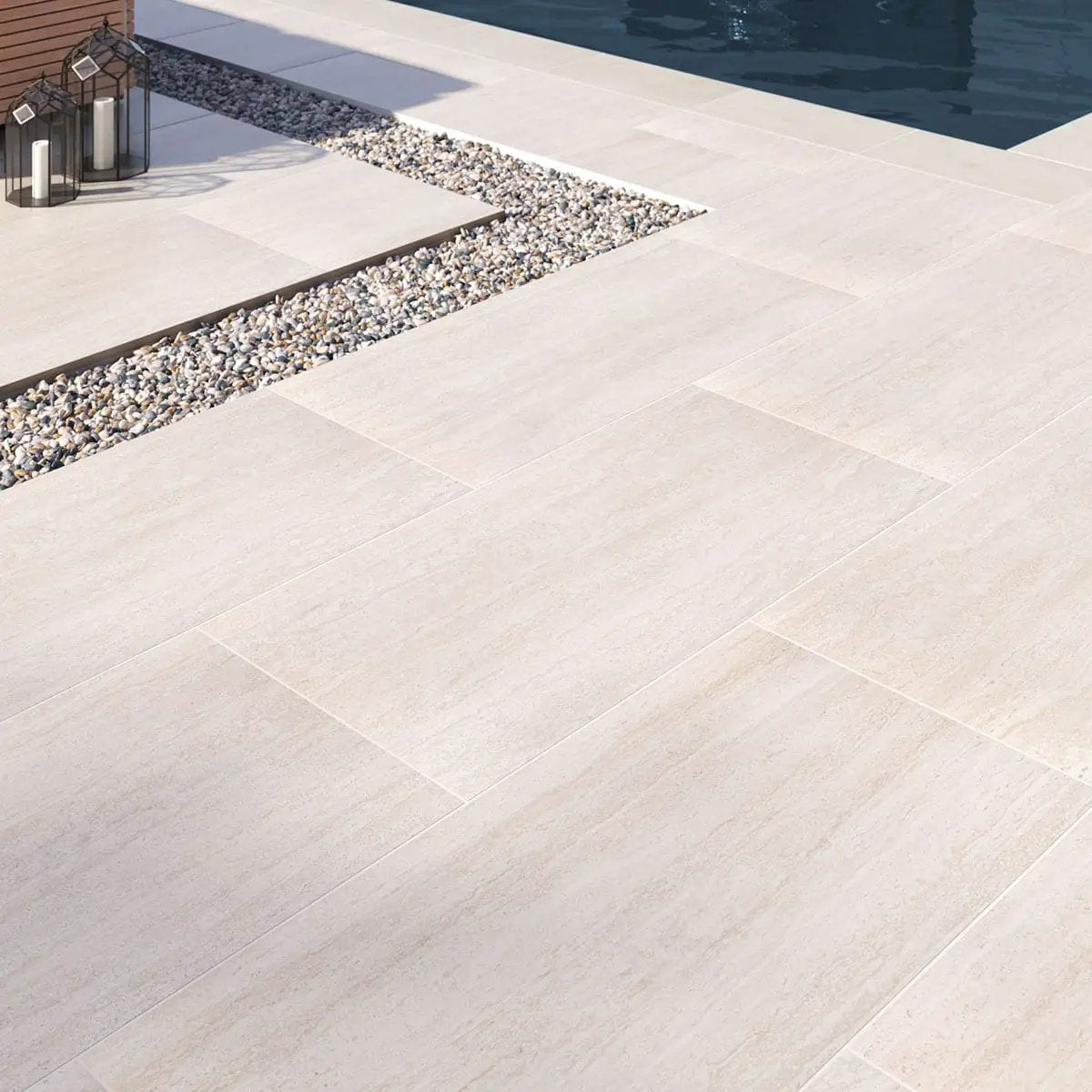 Cordova Lablanca Matte Travertine Look Porcelain Tiles 24x48 in a finished room