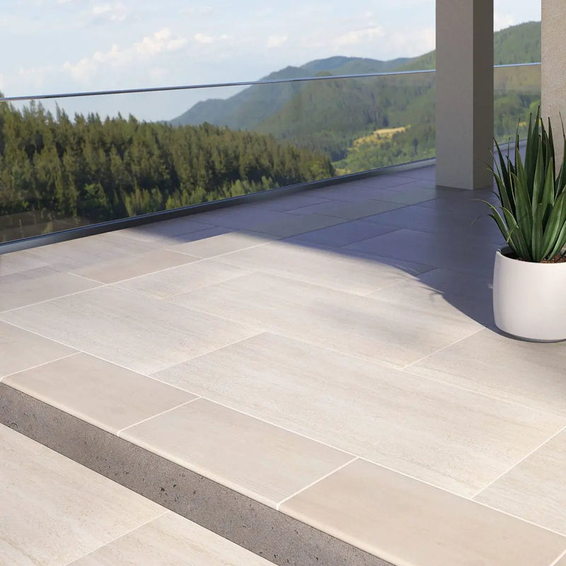 Cordova Lablanca Matte Travertine Look Porcelain Pavers 24x48 in a finished room