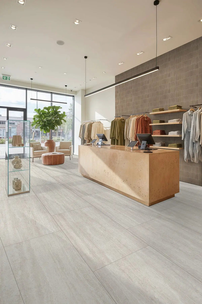 Cordova Lablanca R11 Matte Travertine Look Porcelain Tiles 24x48 in a finished room