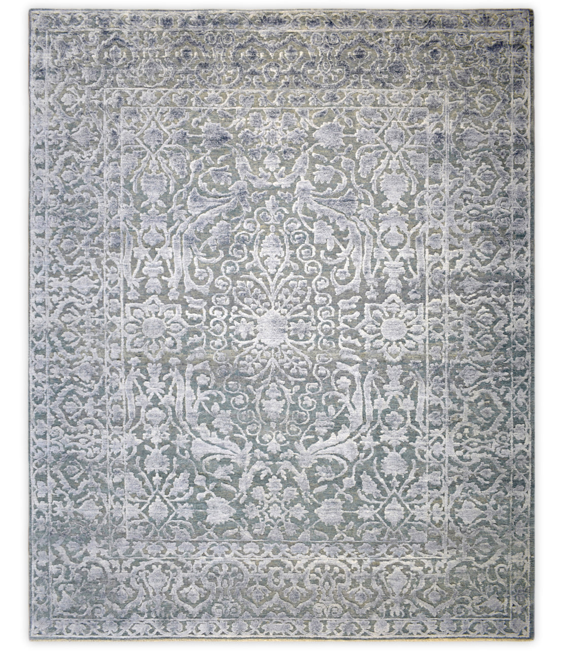Modern Silver And Gray Hand Knotted Bamboo Silk 8x10 Area Rug by The Rug Decor