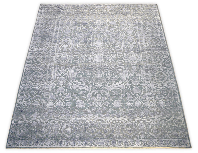 Modern Silver And Gray Hand Knotted Bamboo Silk 8x10 Area Rug by The Rug Decor