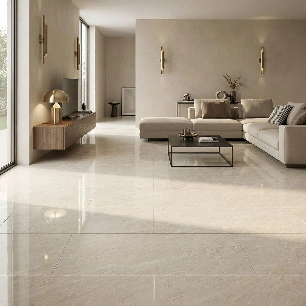 Exotika Cristaline Polished Porcelain Tiles 24x48 in a finished room
