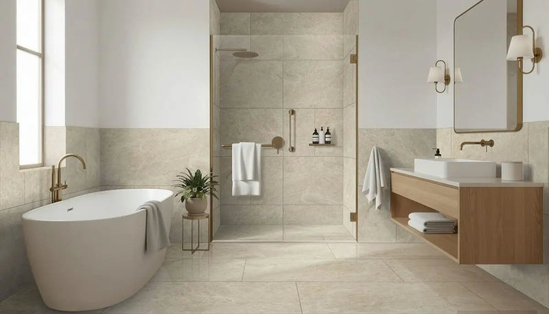 Exotika Crystal Taj Polished Porcelain Tiles 24x48 in a finished room