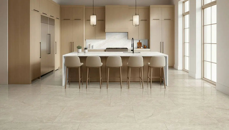 Exotika Crystal Taj Polished Porcelain Tiles 24x48 in a finished room