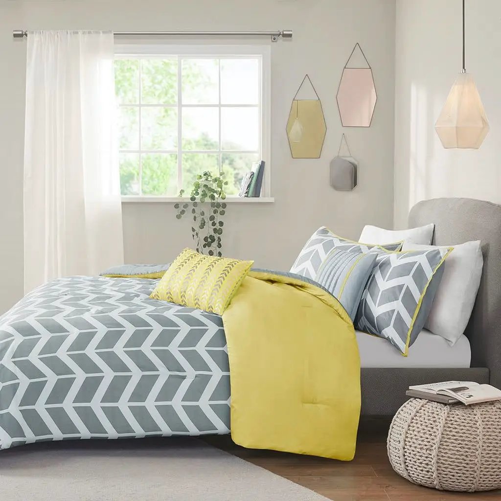 King / Cal King Reversible Comforter Set in Grey White Yellow Chevron Stripe by HomePacific