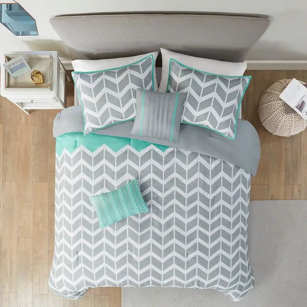Twin/Twin XL Reversible Comforter Set in Grey White Aqua Teal Chevron Stripe by HomePacific