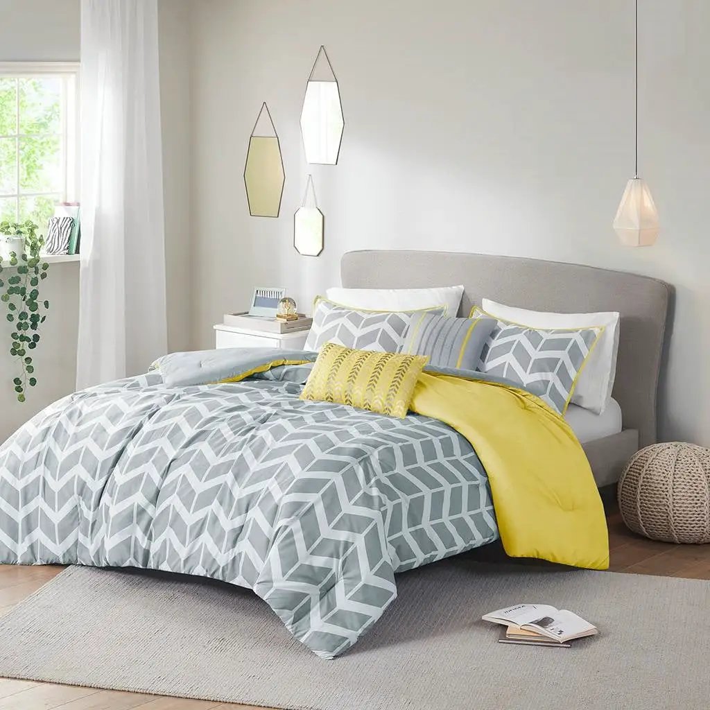 Twin / Twin XL Reversible Comforter Set in Grey White Yellow Chevron Stripe by HomePacific