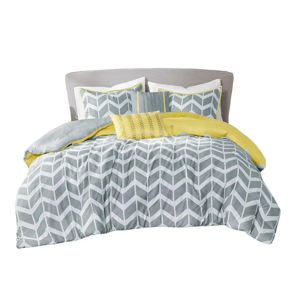 Twin / Twin XL Reversible Comforter Set in Grey White Yellow Chevron Stripe by HomePacific