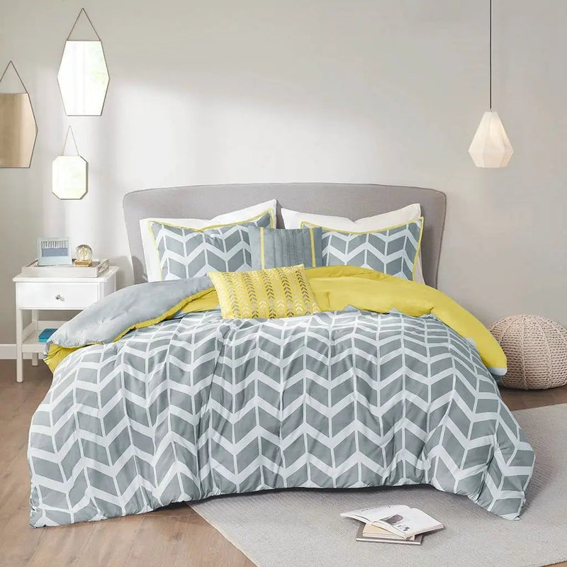 Twin / Twin XL Reversible Comforter Set in Grey White Yellow Chevron Stripe by HomePacific