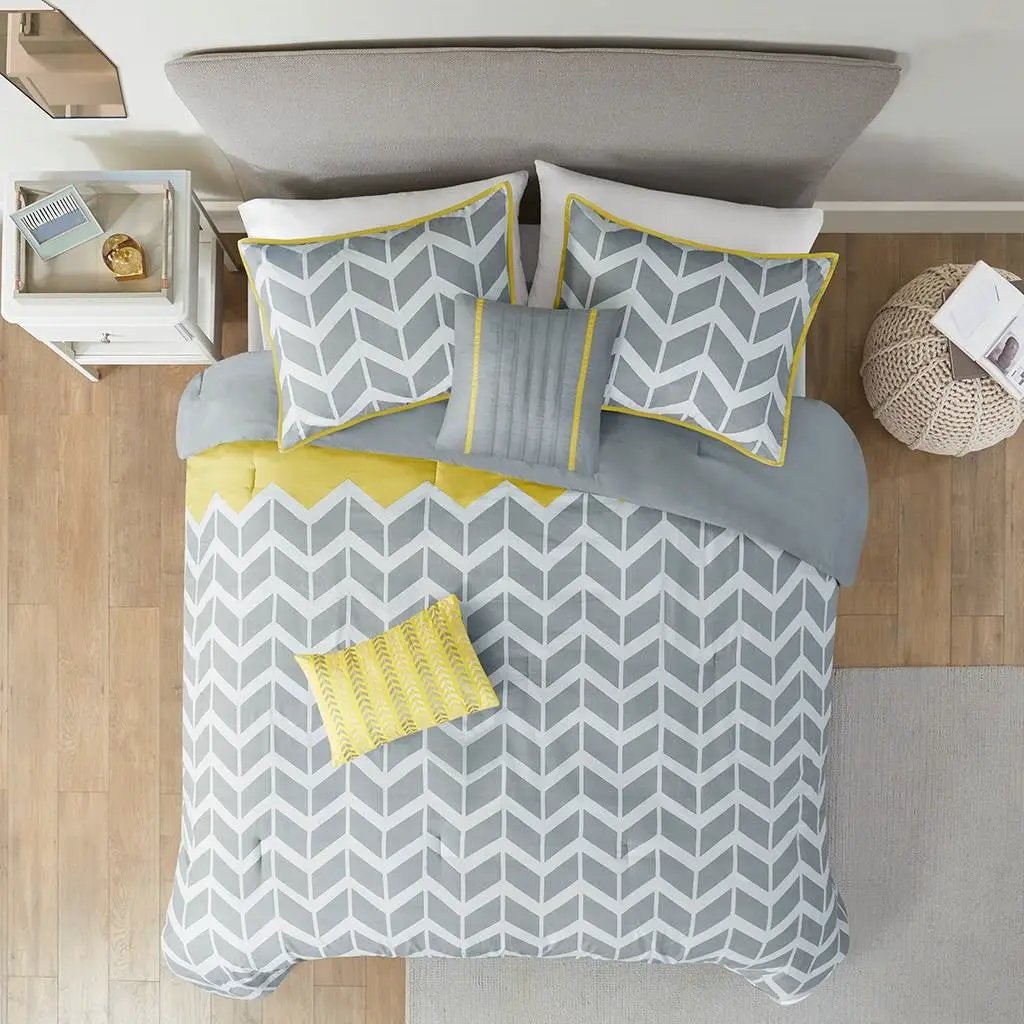 Twin / Twin XL Reversible Comforter Set in Grey White Yellow Chevron Stripe by HomePacific