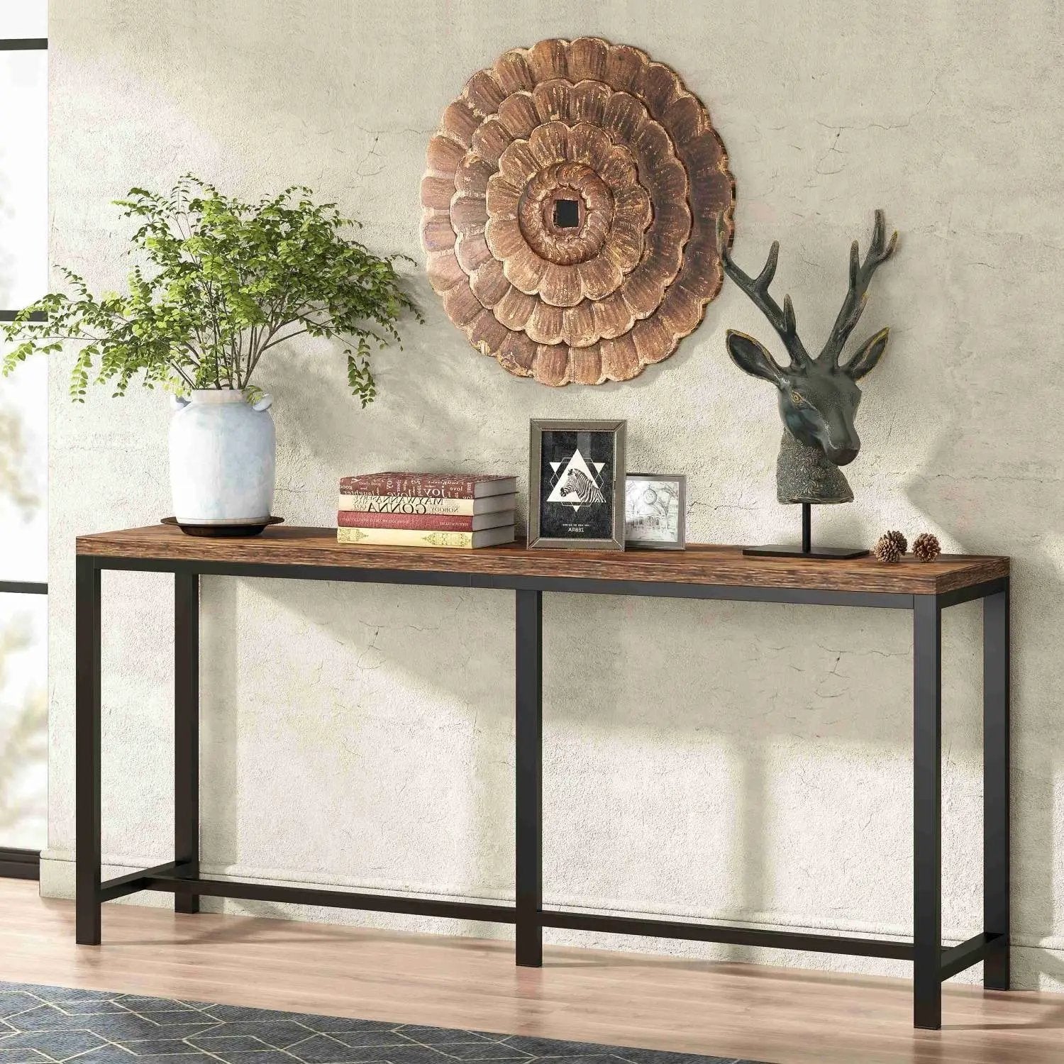 70-inch Long Narrow Hallway Sofa Table with Wood Top and Black Metal Frame by HomePacific