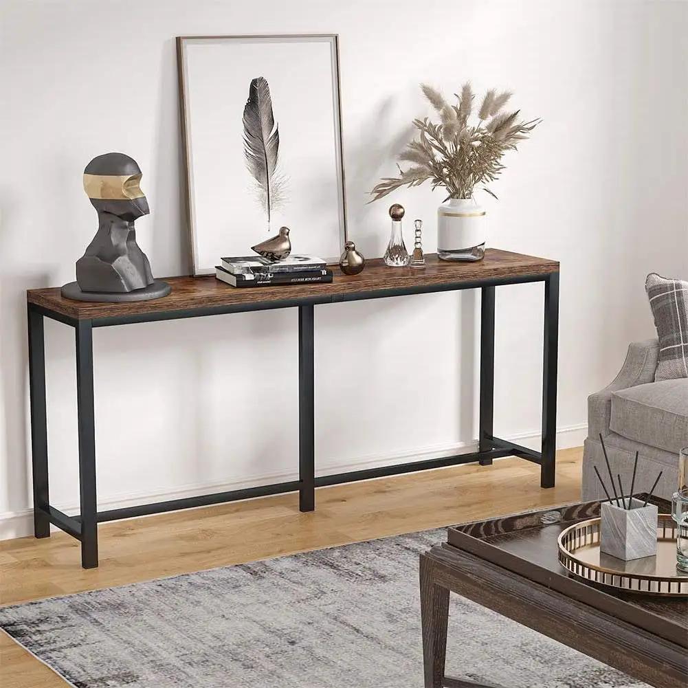 70-inch Long Narrow Hallway Sofa Table with Wood Top and Black Metal Frame by HomePacific