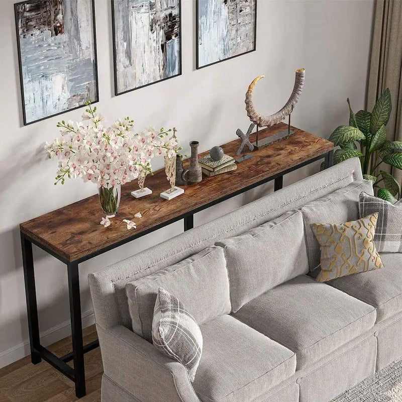 70-inch Long Narrow Hallway Sofa Table with Wood Top and Black Metal Frame by HomePacific