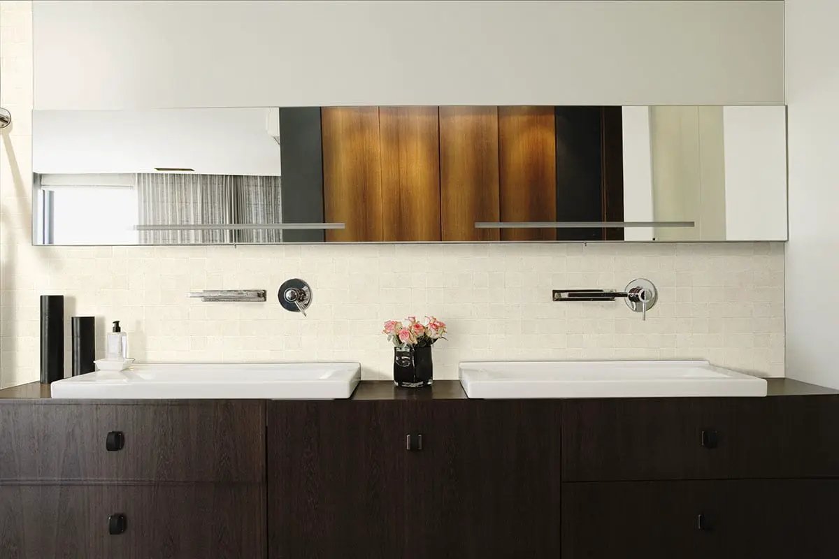 Dimensions Glacier Matte Porcelain Mosaics 2x2 in a finished room