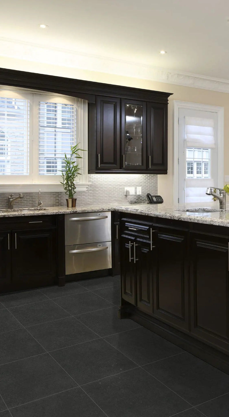 Dimensions Graphite Matte Porcelain Mosaics 2x2 in a finished room
