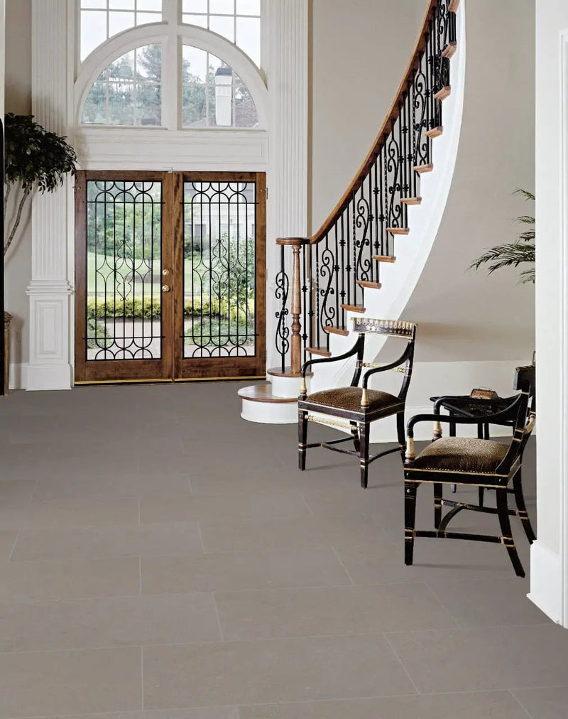 Dimensions Gris Matte Porcelain Tiles 24x24 in a finished room
