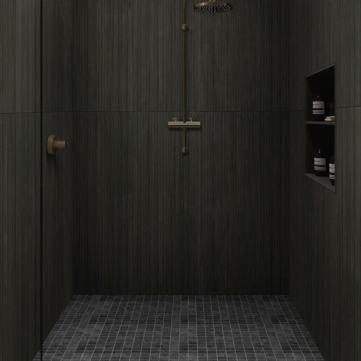 Durban Anthracite Polished Bullnose Porcelain Moldings 3x24 in a finished room