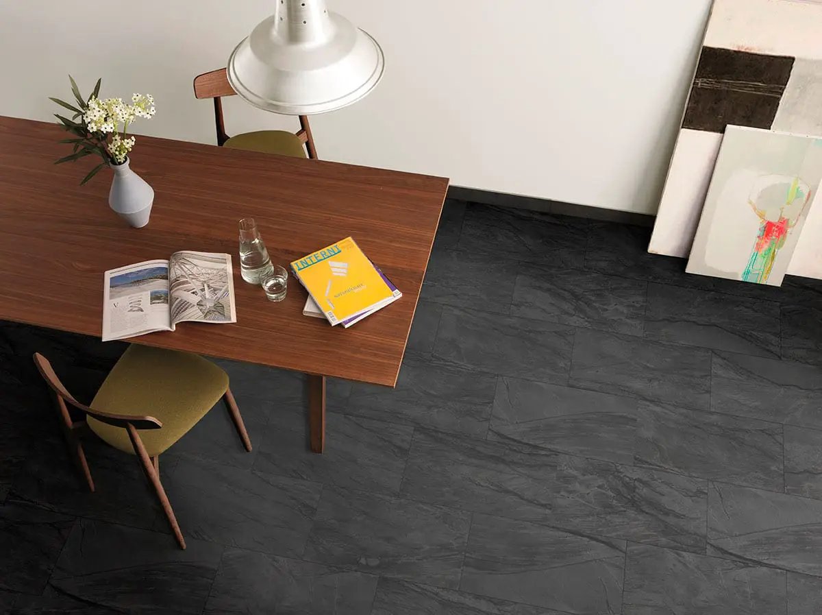 Durban Anthracite Polished Porcelain Tiles 24x48 in a finished room