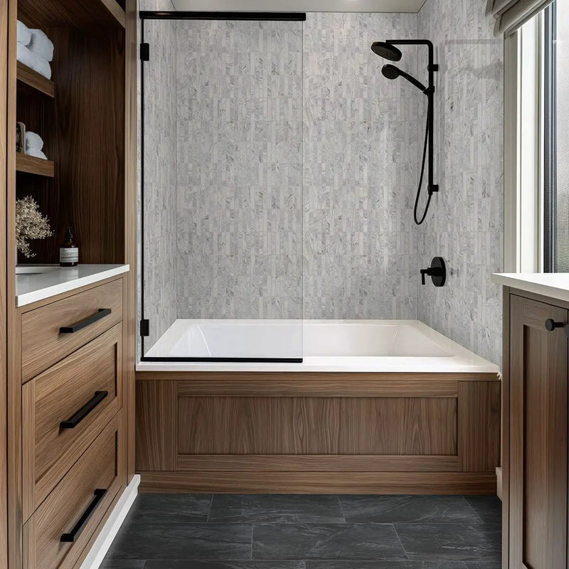 Durban Anthracite Polished Porcelain Tiles 12x24 in a finished room