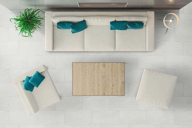 Durban White Polished Porcelain Tiles 24x48 in a finished room