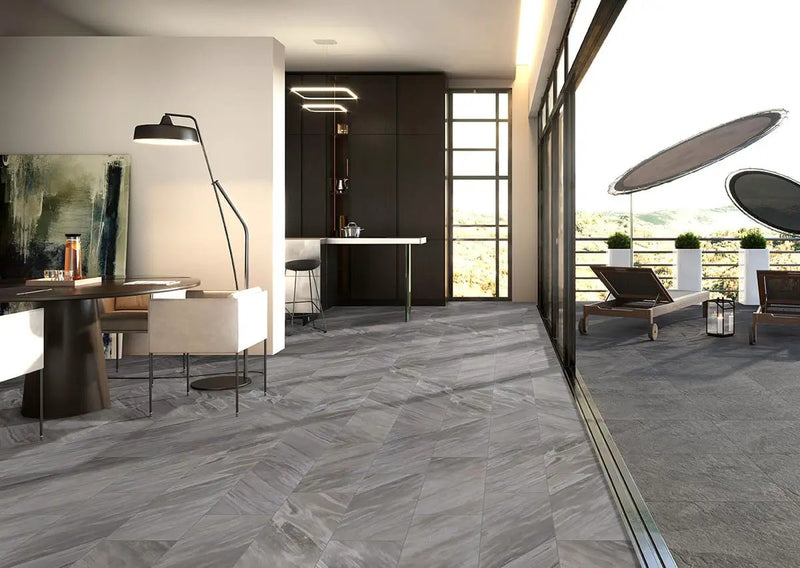 Eden Bardiglio Matte Marble Look Porcelain Tiles 24x48 in a finished room