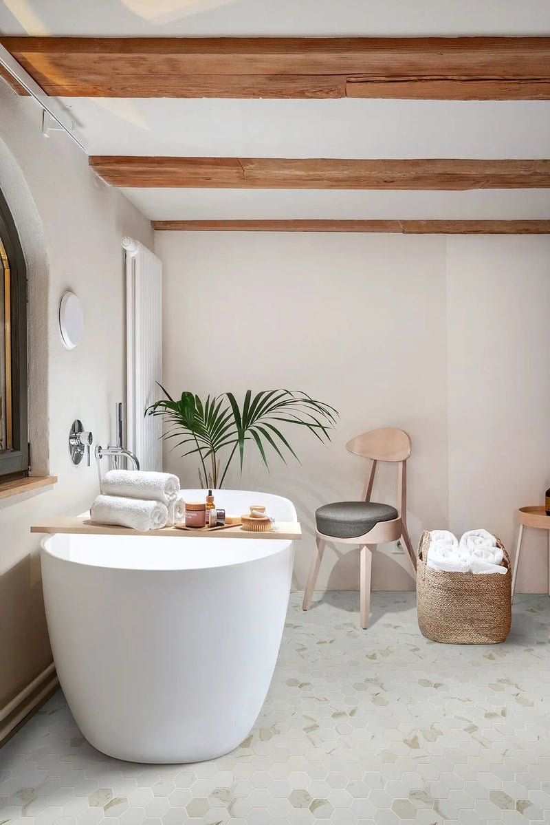 Eden Calacatta Matte Marble Look Porcelain Tiles 24x48 in a finished room