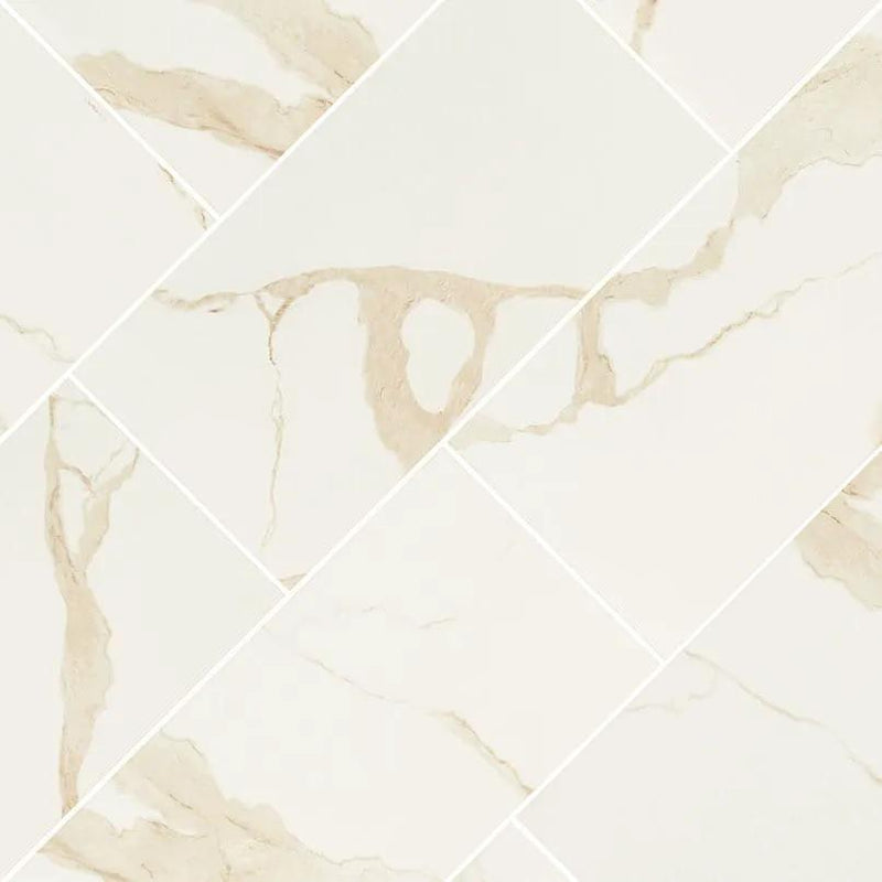 Eden Calacatta Polished Marble Look Porcelain Tiles 12x24 angled view