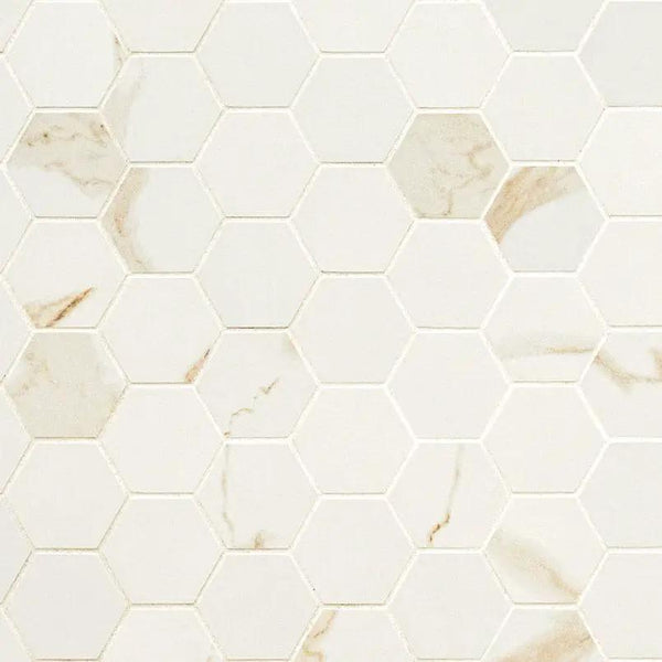 Eden Calacatta Matte Hexagon Marble Look Porcelain Mosaics 2x2