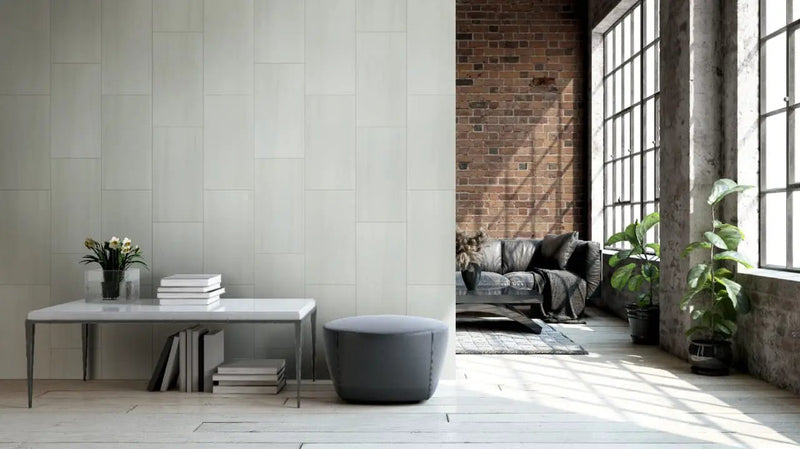 Eden Dolomite Matte Chevron Marble Look Porcelain Mosaics 12x15 in a finished room
