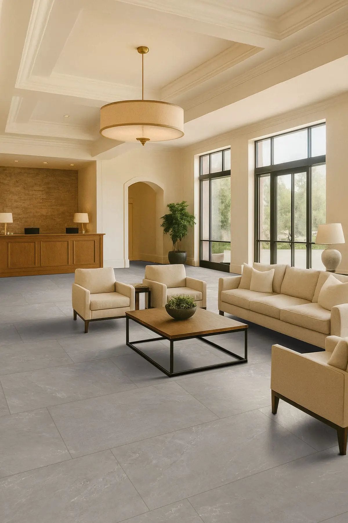 Elbe Ash Lappato Porcelain Tiles 12x24 in a finished room