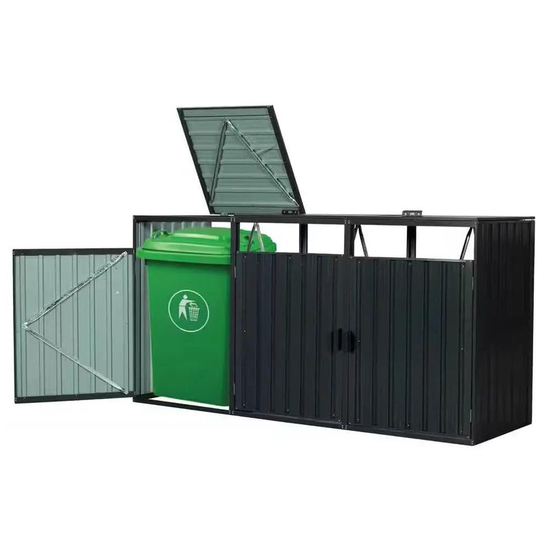 Outdoor Black Galvanized Steel Garbage Bin Storage Shed - Holds 3 Trash Cans by HomePacific