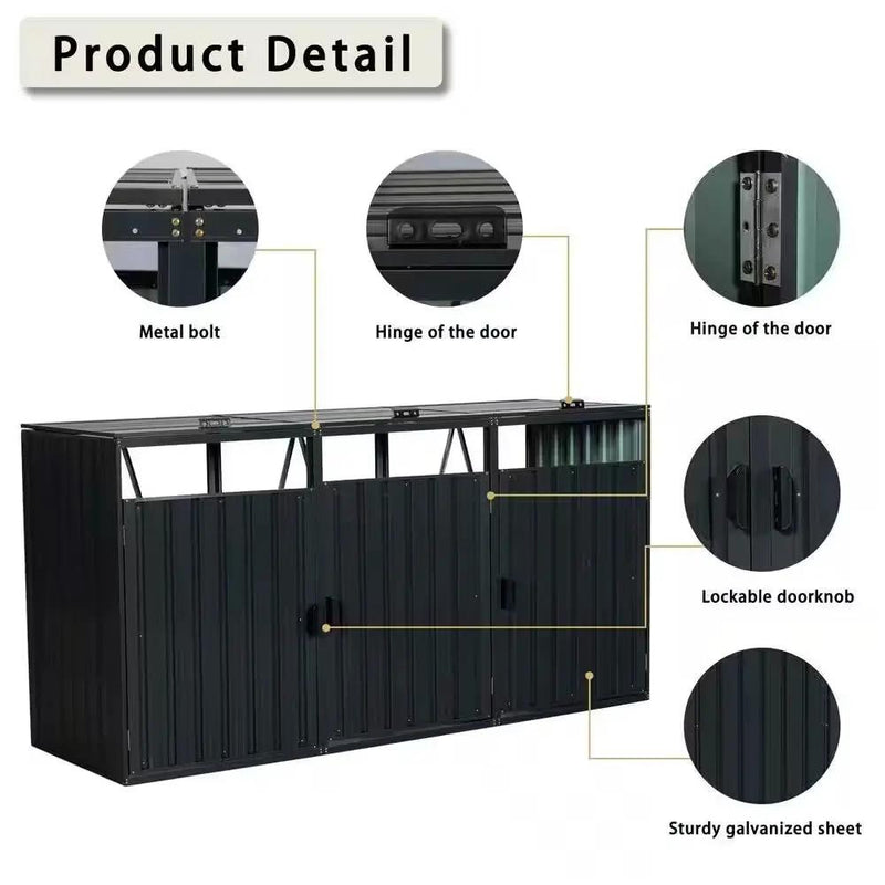 Outdoor Black Galvanized Steel Garbage Bin Storage Shed - Holds 3 Trash Cans by HomePacific