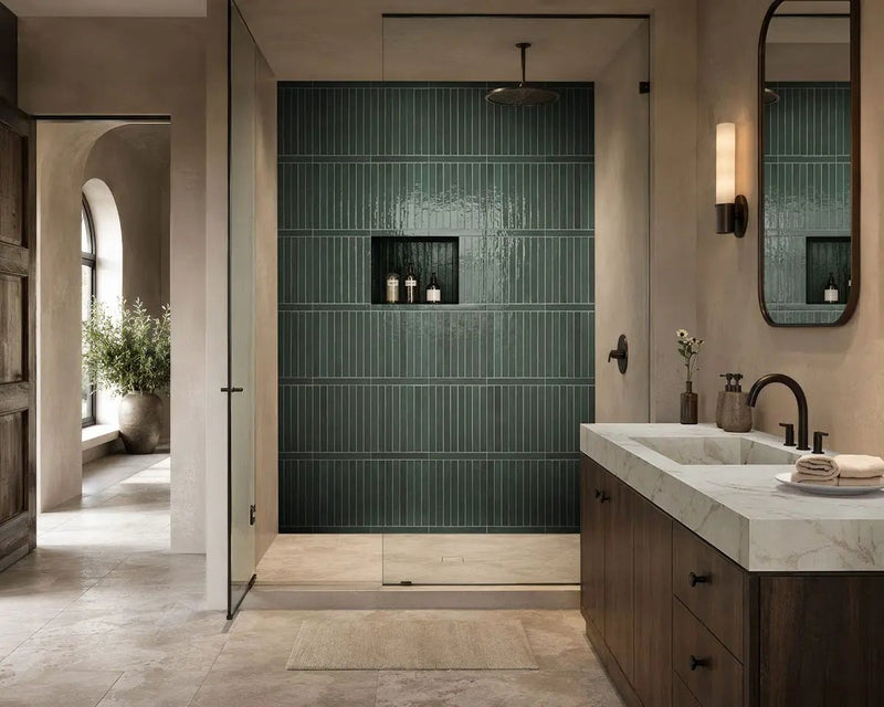 Flamenco Racing Green 2x18 Glossy Porcelain Tiles in a finished room