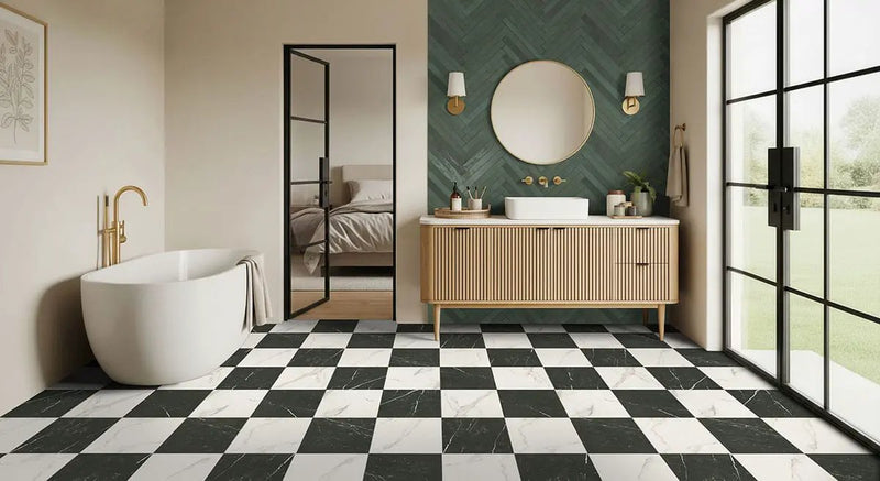 Flamenco Racing Green 2x18 Glossy Porcelain Tiles in a finished room