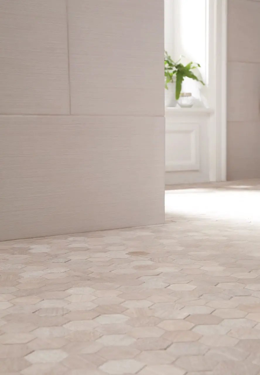 Focus Glacier Matte Bullnose Fabric Look Porcelain Moldings 3x18 in a finished room