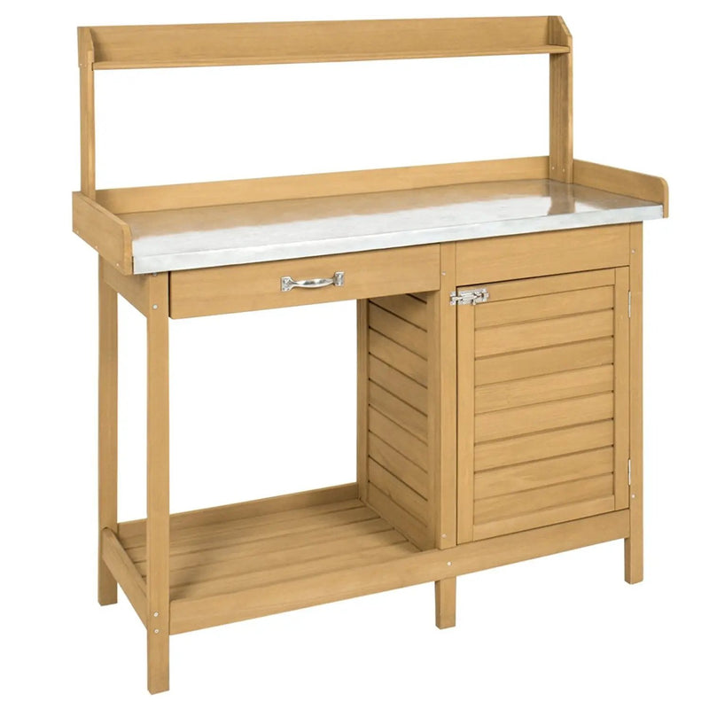 Natural Fir Wood Potting Bench Garden Work Table with Metal Top by HomePacific